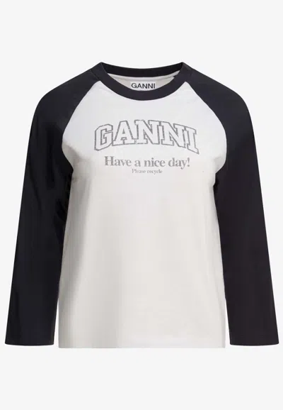 Ganni Baseball Graphic Raglan Crew Neck T-shirt In White