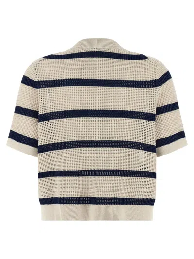 Brunello Cucinelli Striped Mesh Cardigan Short Sleeves Pockets In Multi