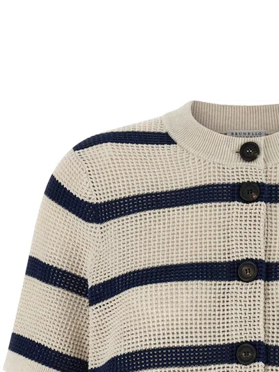 Brunello Cucinelli Striped Mesh Cardigan Short Sleeves Pockets In Multi