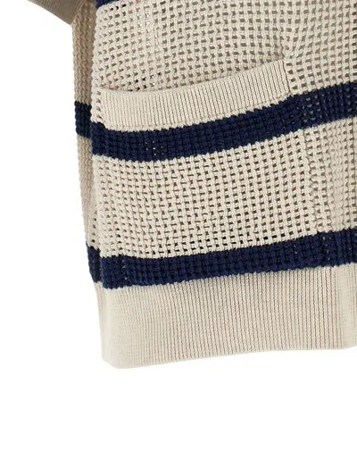 Brunello Cucinelli Striped Mesh Cardigan Short Sleeves Pockets In Multi