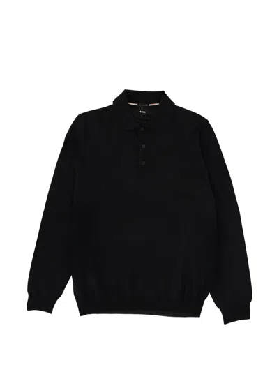 Hugo Boss Polo Collar Knit Sweater With Ribbed Cuffs In Black