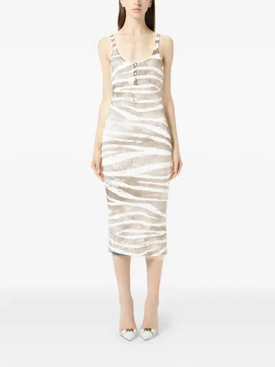 Blumarine Ribbed Zebra-print Midi Dress In Neutral