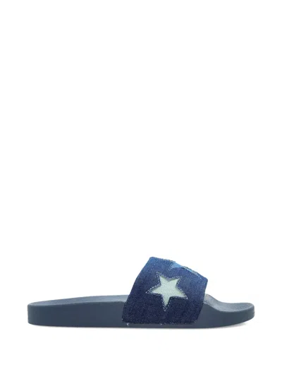 Stella Mccartney Embroidered Denim Slides In Blue