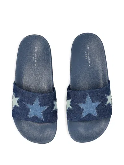 Stella Mccartney Embroidered Denim Slides In Blue