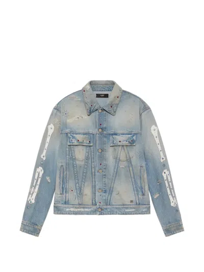 Amiri Crystal Studded Bones Denim Trucker Jacket In Blue