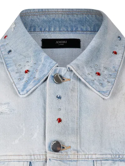 Amiri Crystal Studded Bones Denim Trucker Jacket In Blue