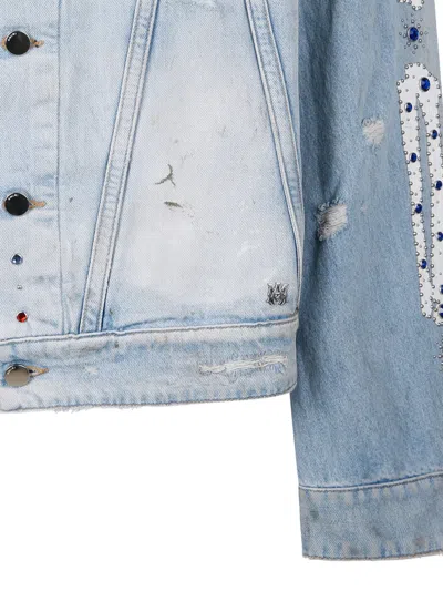 Amiri Crystal Studded Bones Denim Trucker Jacket In Blue
