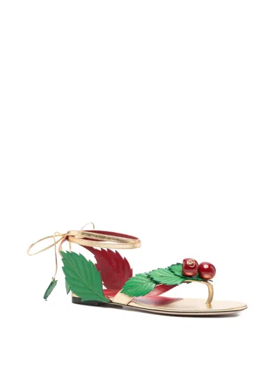 Valentino Leather Cherryfic Thong Sandals Leaf Ankle Strap In Multi