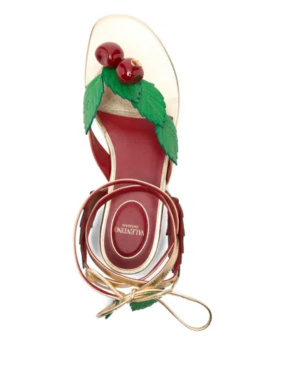 Valentino Leather Cherryfic Thong Sandals Leaf Ankle Strap In Multi