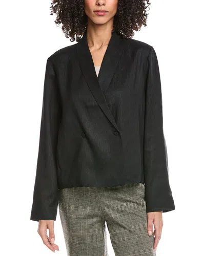 Eileen Fisher Shawl Collar Textured Silk Weave Double Breasted Jacket In Black