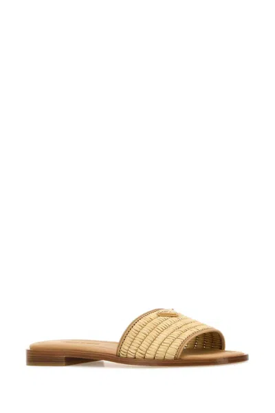 Prada Beige Raffia And Leather Slippers In Neutral