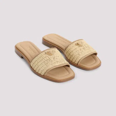 Prada Beige Raffia And Leather Slippers In Neutral