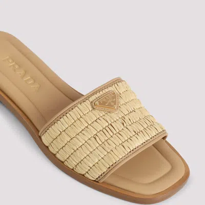 Prada Beige Raffia And Leather Slippers In Neutral