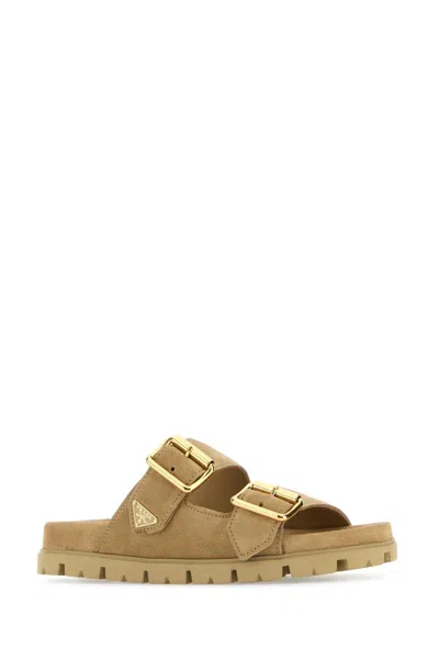 Prada Sand Suede Slippers In Multi