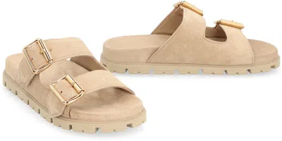 Prada Sand Suede Slippers In Multi