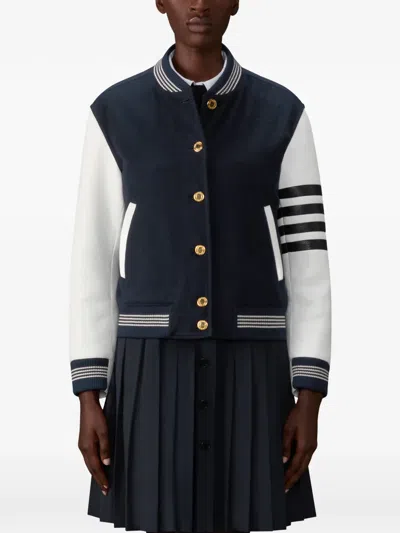 Thom Browne Relaxed Fit Varsity Jacket Leather Sleeves In Blue