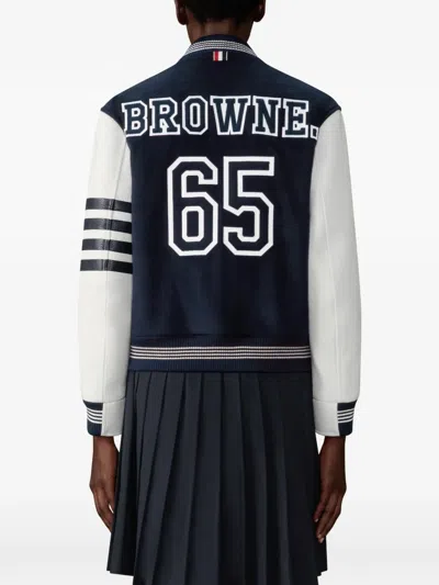 Thom Browne Relaxed Fit Varsity Jacket Leather Sleeves In Blue