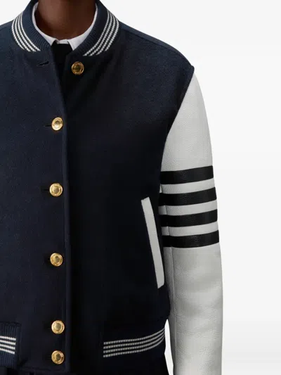 Thom Browne Relaxed Fit Varsity Jacket Leather Sleeves In Blue