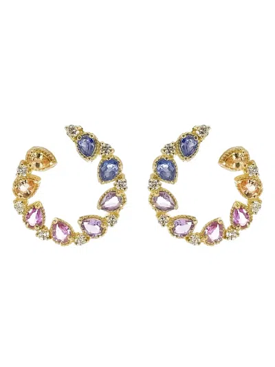 Tanya Farah Jasmine Bloom Bypass Sapphire And Diamond Hoop Earrings In Gold