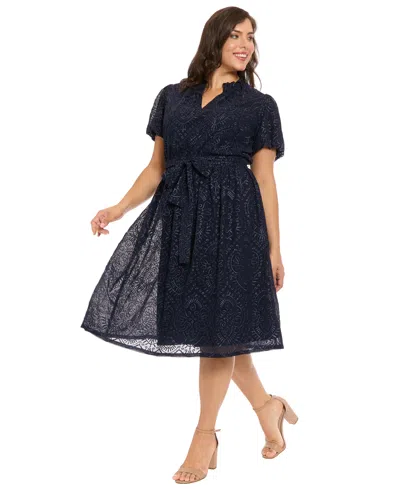 London Times Plus-size Cap-sleeve Midi Dress In Blue