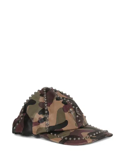 Thug Club Studded Camouflage-pattern Leather Cap In Green