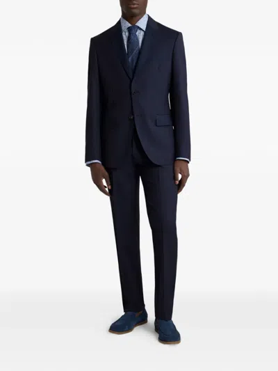 Etro Single-breasted Striped Wool Suit In Blue