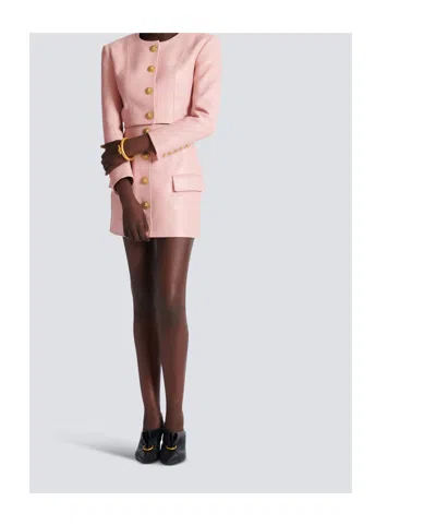 Balmain Long Sleeves Buttoned Lambskin Cropped Jacket In Pink