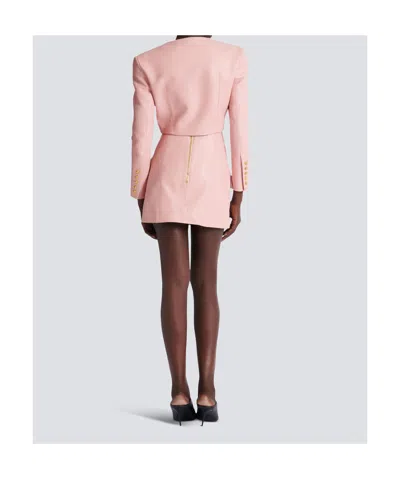 Balmain Long Sleeves Buttoned Lambskin Cropped Jacket In Pink