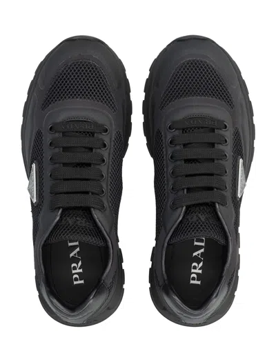 Prada Side Triangular Logo Low-cut Laced Casual Sneakers In Black