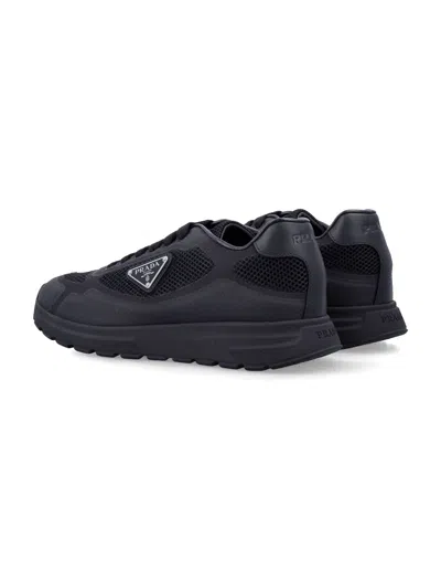 Prada Side Triangular Logo Low-cut Laced Casual Sneakers In Black