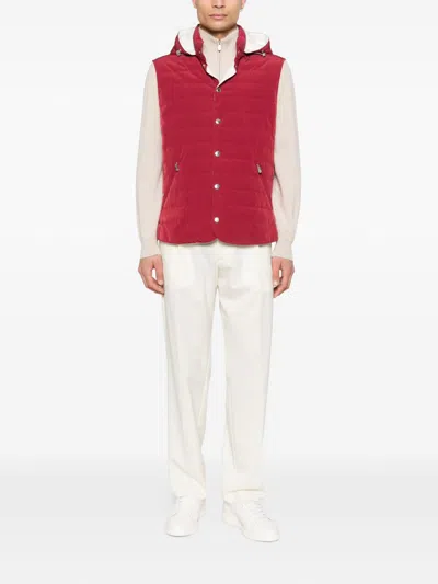 Brunello Cucinelli Hooded Down Gilet Sleeveless Quilted Design In Red