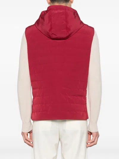 Brunello Cucinelli Hooded Down Gilet Sleeveless Quilted Design In Red