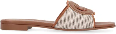Gucci Leather And Fabric Slides In Brown