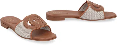 Gucci Leather And Fabric Slides In Brown