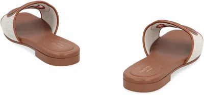 Gucci Leather And Fabric Slides In Brown