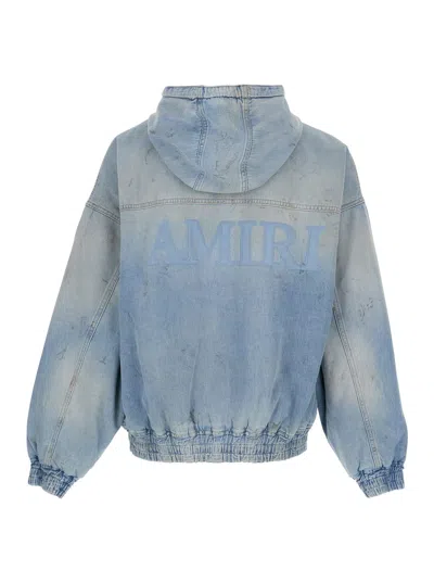 Amiri Men Light Blue Jacket With Drawstring Hood And Logo Embroidery On Front And Rear In Denim Man In Blue