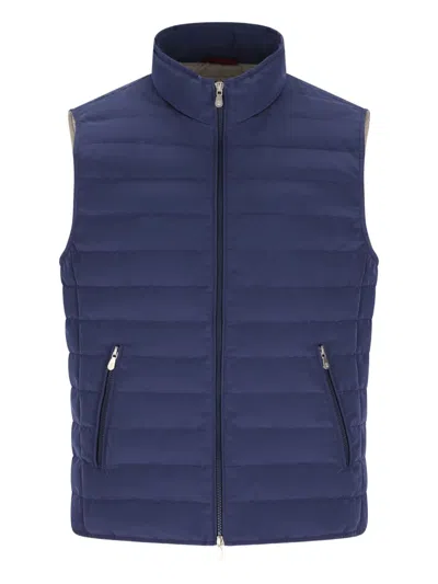 Brunello Cucinelli High Neck Quilted Sleeveless Down Vest In Blue