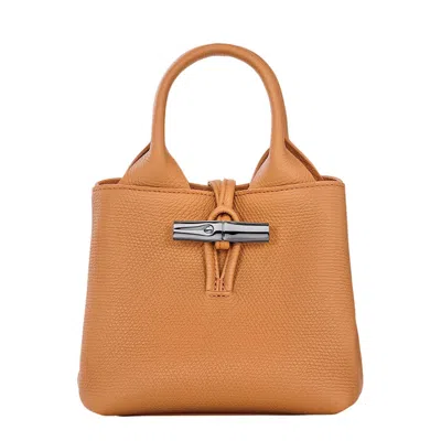 Longchamp Le Roseau Beige Handbag With Toggle Closure In Grained Leather In Brown