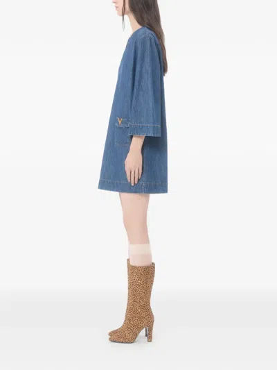 Valentino Vlogo Signature Denim Dress Three Quarter Sleeves In Blue