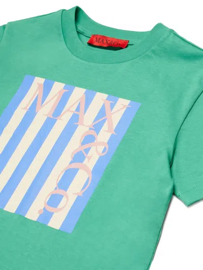 Max & Co Logo Striped-panel T-shirt In Green