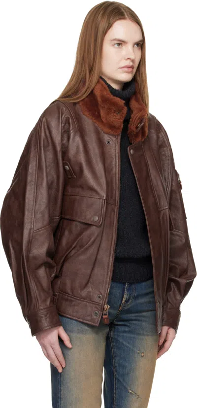 R13 Leather Flight Jacket With Shearling Collar Brown In Brown