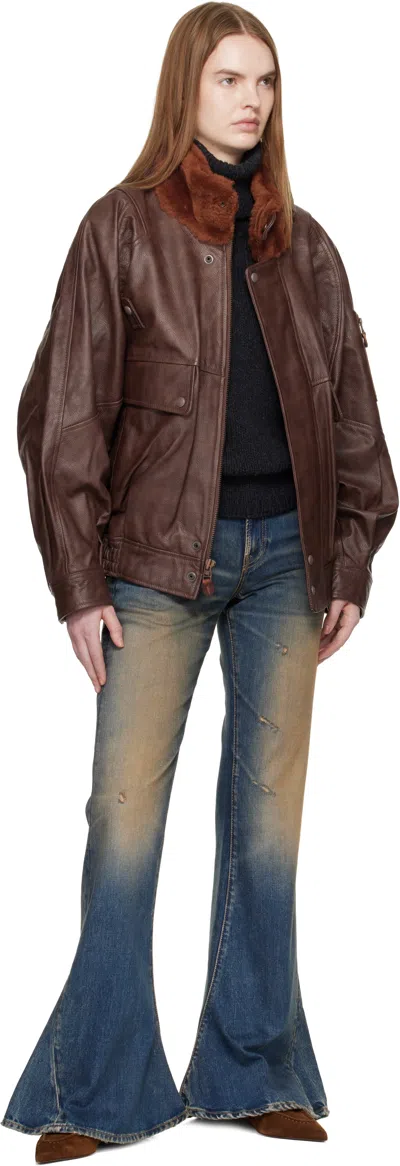 R13 Leather Flight Jacket With Shearling Collar Brown In Brown