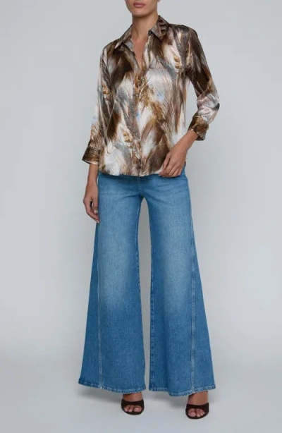 L'agence Dani Feather Print Three-quarter Sleeve Silk Button-up Shirt In Brown