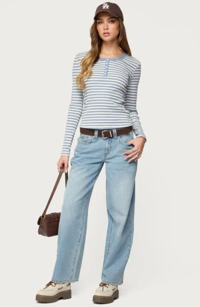 Edikted Roma Stripe Rib Henley Top In Blue