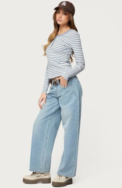 Edikted Roma Stripe Rib Henley Top In Blue