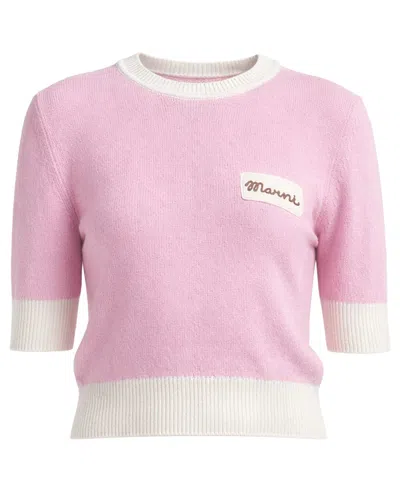 Marni Wool Blend Short Sleeve Crewneck Sweater In Pink