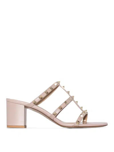 Valentino 60mm Rockstud Caged Block-heel Slide Sandals In Pink