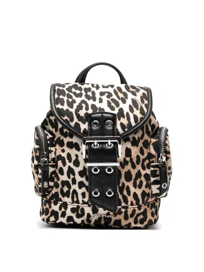 Ganni Mini Leopard Print Drawstring Backpack With Side Zip Pockets In Brown