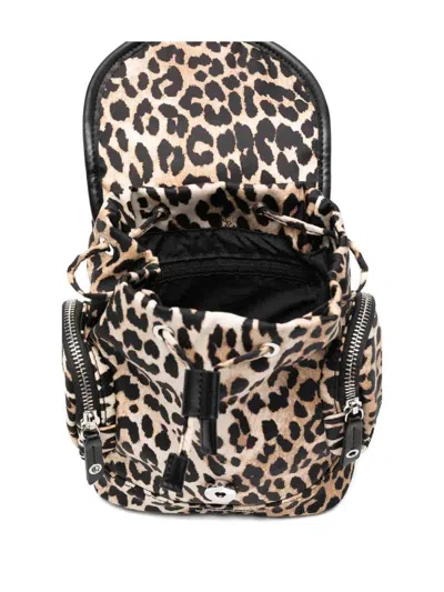 Ganni Mini Leopard Print Drawstring Backpack With Side Zip Pockets In Brown