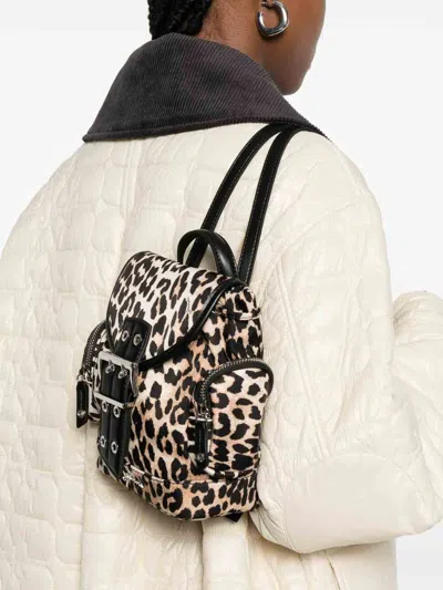 Ganni Mini Leopard Print Drawstring Backpack With Side Zip Pockets In Brown